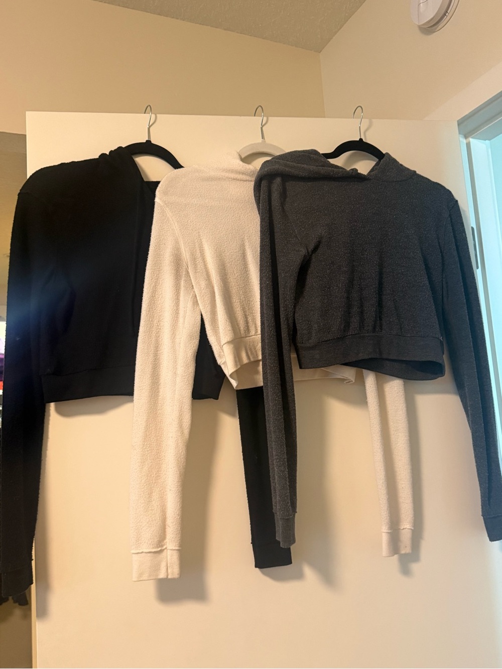 ALO Yoga Cozy Cropped Hoodies in Black, Cream, and Charcoal